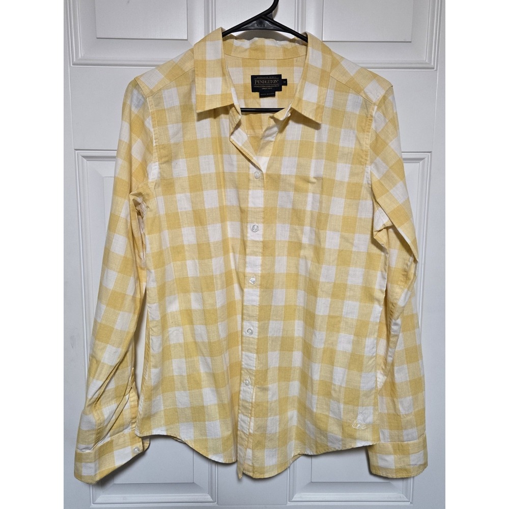 Pendleton Shirt Womens Size Medium Long Sleeve Plaid Button Up White Yellow